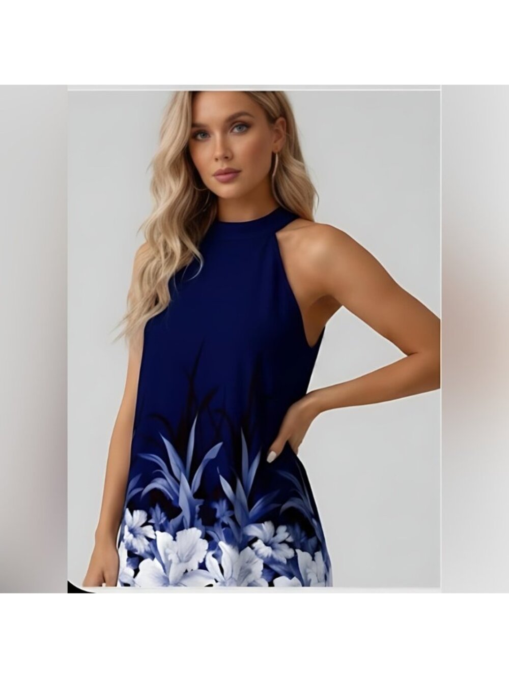 Boho Floral Print A-Line Halterneck Dress Blue - Picture 2 of 9